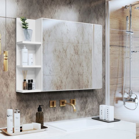 Espelheira Iris Suspensa Armário para Banheiro com Prateleira Interna - Branco com Nature