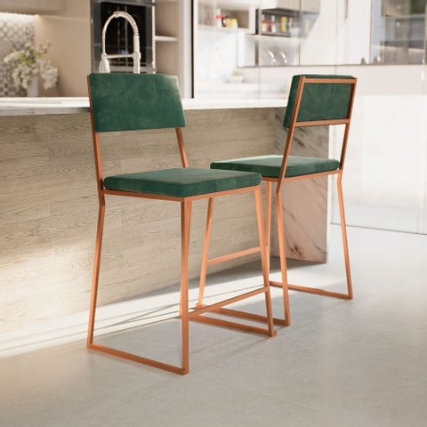 Kit 3 Banquetas Média Balcão Estofada com Encosto Rose Gold Suede Dubai
