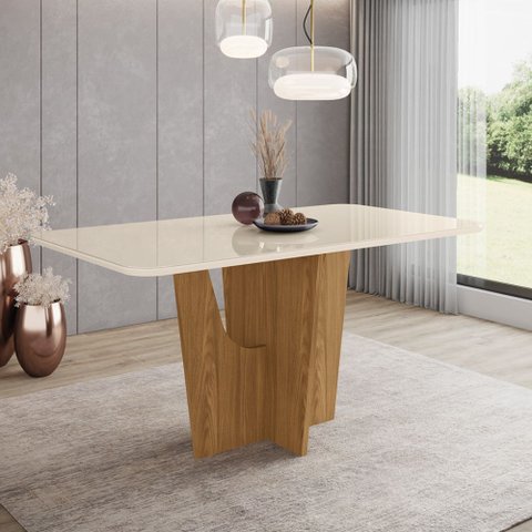 Mesa de Jantar 180cm Retangular 6 Lugares com Vidro Canto Arredondado Vértice Henn