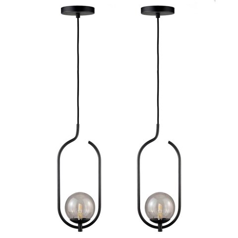 Kit 2 Pendentes Lustres On Clip Preto Globo de Vidro Fume