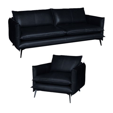 Conjunto Poltrona e Sofá Decorativo Sala de Estar América 4 Lugares 260cm Couro Azul Marinho - Mozze