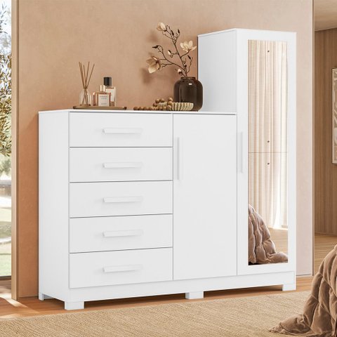 Cômoda Sapateira com Espelho 2 Portas 5 Gavetas Trieste A04 Branco - Lyam Decor