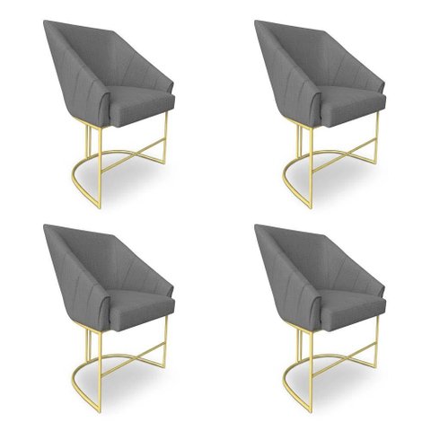Kit 4 Luxo Alana Linho Grafite Base Ferro Dourado - Pallazio