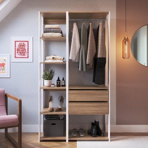 Guarda Roupa Closet Modulado Crpro-CLO005 2 Gavetas 7 Prateleiras MDP 100cm Branco e Madeirado