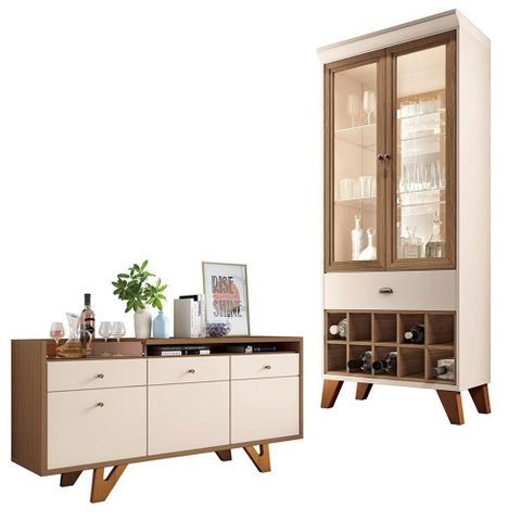 Conjunto Cristaleira Adega e Buffet Aparador Mdp/mdf Andorra/noeli Off White/castanho G26 - Gran