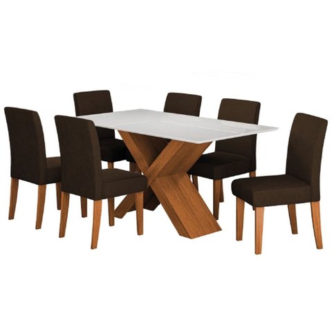 Conjunto de Mesa Sala de Jantar Tampo com Vidro 1,60m Grécia 6 Cadeiras Trieste Dobuê