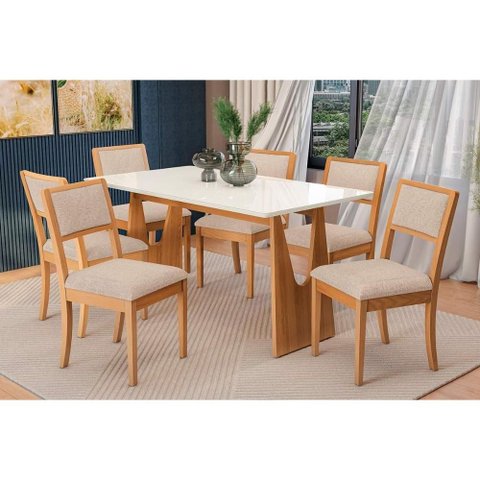 Conjunto Sala de Jantar Mila Premium Madeira Maciça C/ Tampo Madeirado C/ Vidro 160x90cm e 6