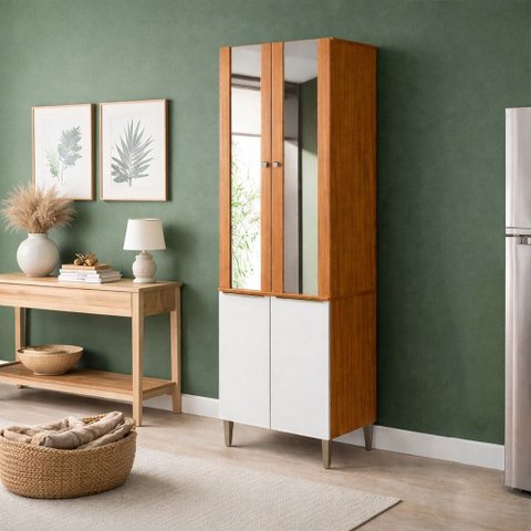 Paneleiro com 2 Portas de Vidro e 2 Portas Mdp Luana Cinamomo Branco Aramóveis