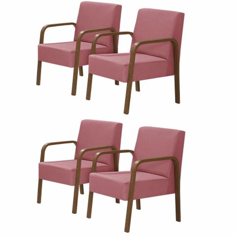 Kit 4 Poltrona 1 Lugar Jade Braço Madeira Suede Rosa