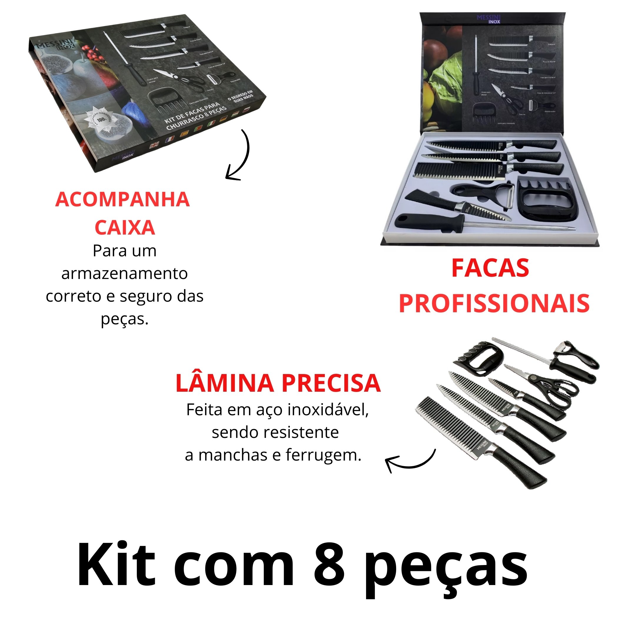 Kit Churrasco 8 Peças Preto Inox Antiaderente Fio de Navalha Original - 2