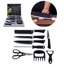 Kit Churrasco 8 Peças Preto Inox Antiaderente Fio de Navalha Original - 1