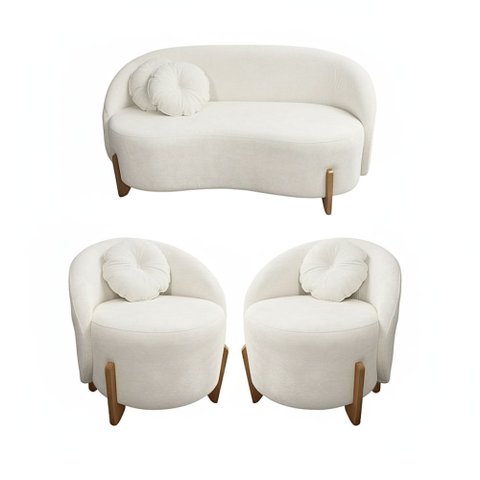Kit 01 Sofá e 2POLTRONAS Orgânicos c/ Almofadas Curvo Sala Recepção Amsterdã Boucle Branco