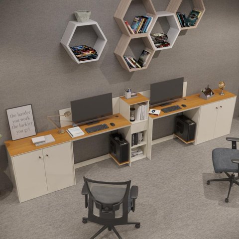 Conjunto de Escritório Smart 1 Livreiro 2 Buffet e 2 Mesas 90cm - Off White e Cedro