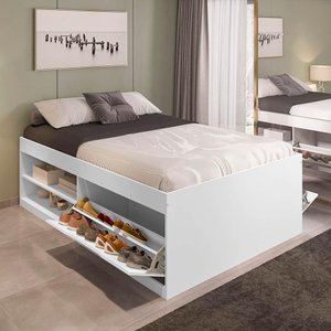 Cama Bau Casal Com Sapateira Embutida Branco Vanessa Framar