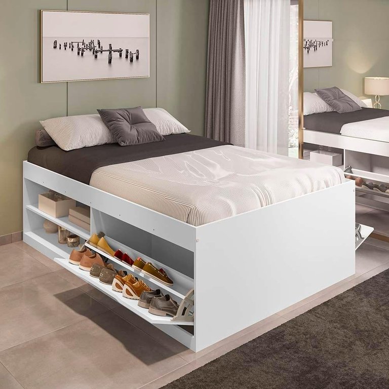 Cama Bau Casal Com Sapateira Embutida Branco Vanessa Framar