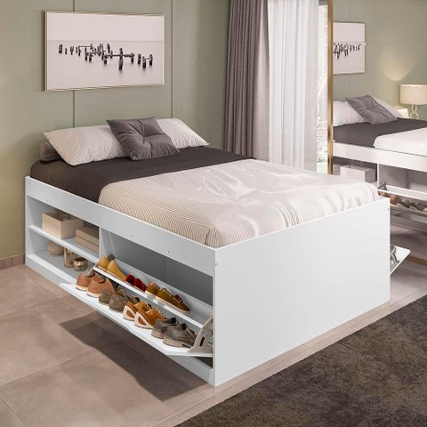 Cama Bau Casal Com Sapateira Embutida Branco Vanessa Framar