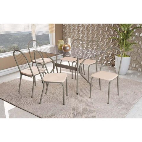 Sala de Jantar Completa Loire Tampo de Vidro 80x120cm e 6 Cadeiras Noruega Niquel - Nude -
