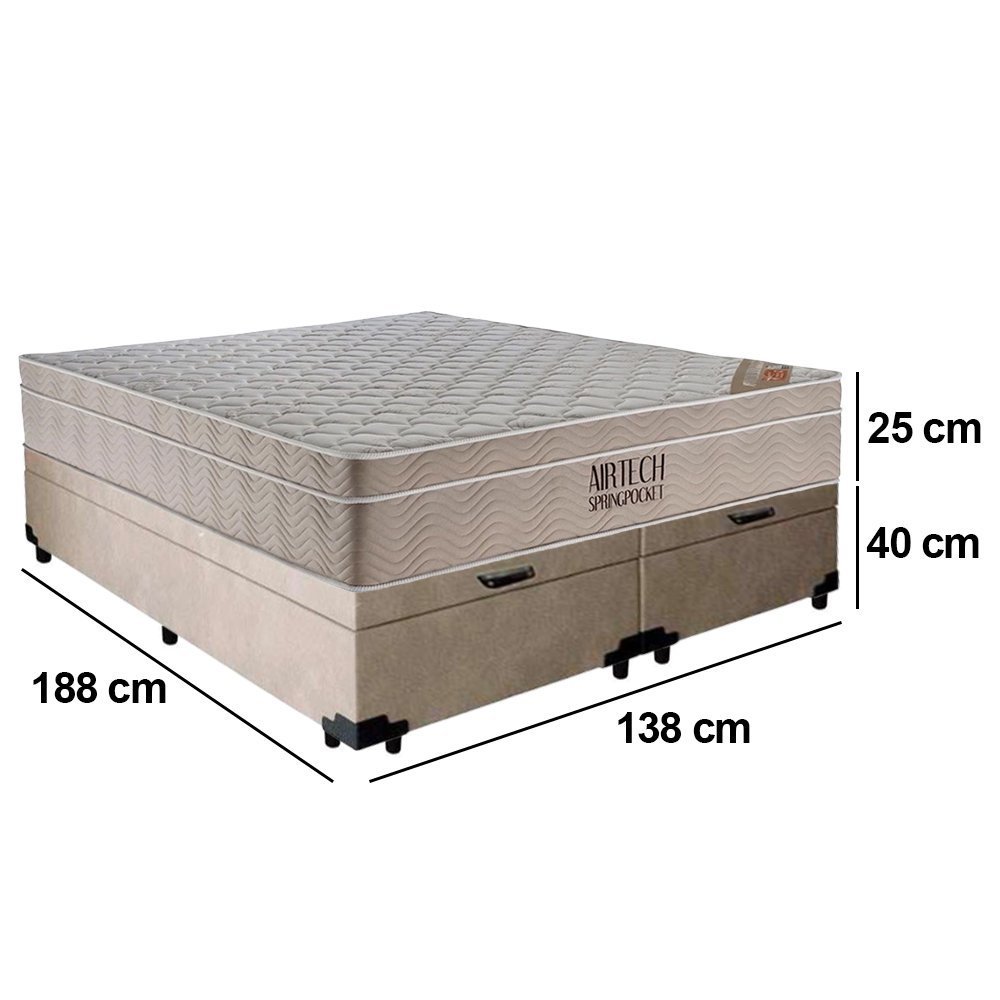 Cama Box Baú Casal Bipartido Sintético + Colchão Ortobom Airtech Molas Ensacadas 65x138x188 Bege - 3