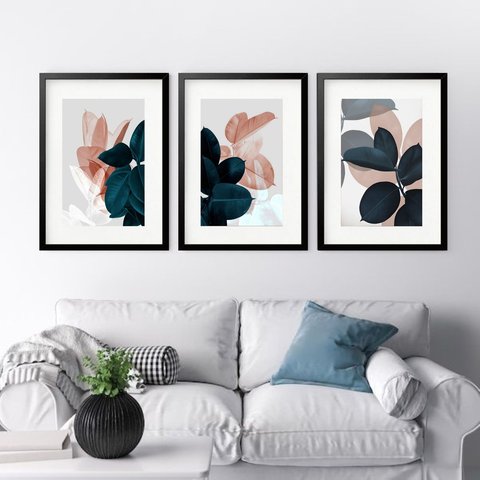 Kit 3 Quadros Grandes Folhagens - 60x48cm:moldura Preta