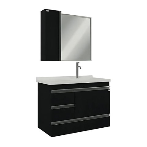 Conjunto Gabinete de Banheiro Mdf Monza com Cuba e Espelho:nero