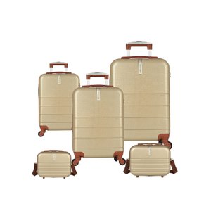 Kit com 3 Malas para Viagem e 2 Frasqueiras Luxcell PK - ABS - Rodinhas 360º - Cor Champanhe