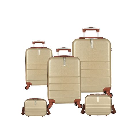 Kit com 3 Malas para Viagem e 2 Frasqueiras Luxcell Pk - Abs - Rodinhas 360º - Cor Champanhe