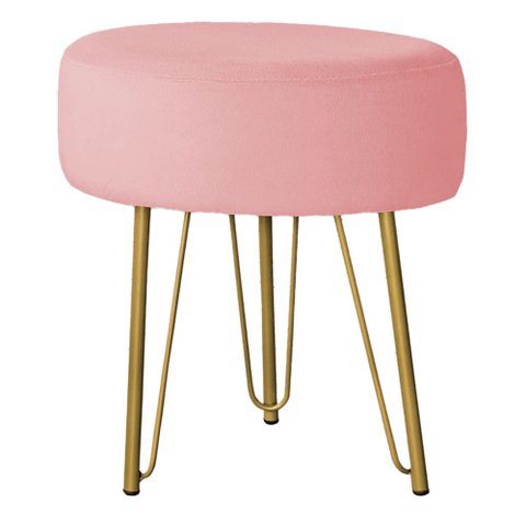 Puff Redondo para Quarto e Sala de Estar Tripe Base Ferro Dourado Veludo