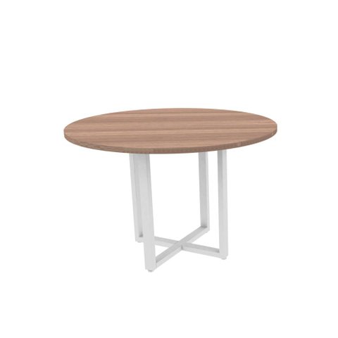 Mesa de Reunião Redonda 110x110cm Pé Tubular Pe25 em MDP Noce Naturalle e Base Branca