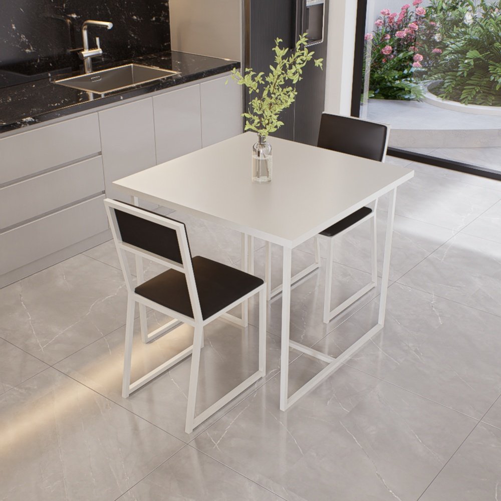 Conjunto Mesa de Jantar Quadrada Branca 2 Cadeiras Estofado Riviera Industrial Branca Don Castro Dec