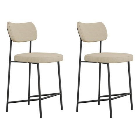 Kit 02 Banquetas Médias para Cozinha Lila Estofada com Encosto Linho Bege - Desk Design