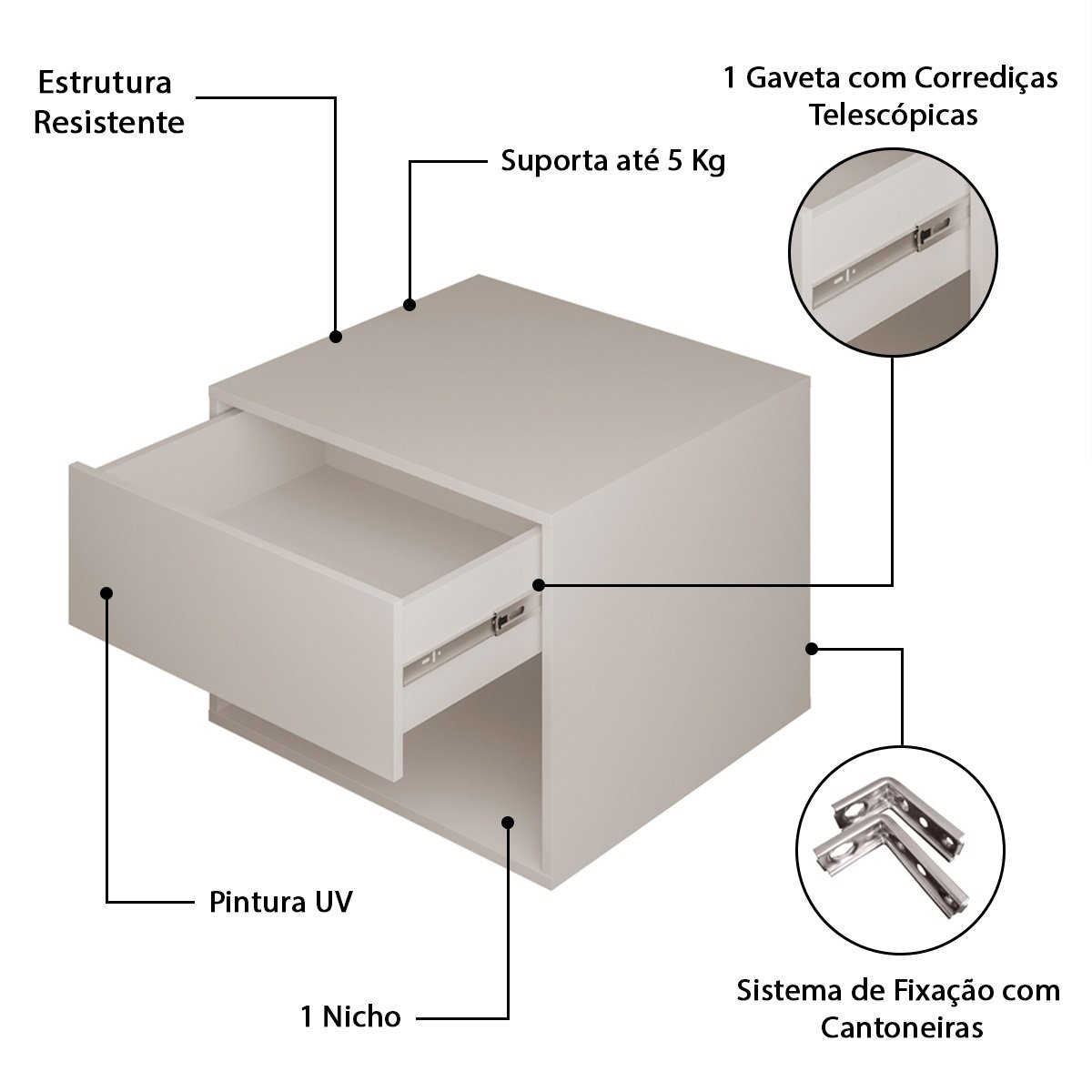 Mesa de Cabeceira Suspensa Fixa na Parede 1 Gaveta e Nicho - Off White - Lh Móveis - 4