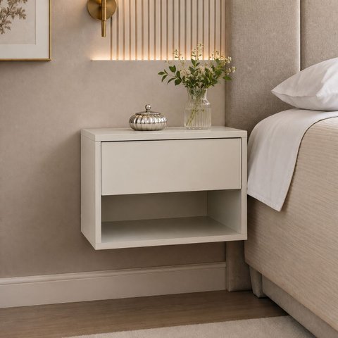 Mesa de Cabeceira Suspensa Fixa na Parede 1 Gaveta e Nicho - Off White - Lh Móveis