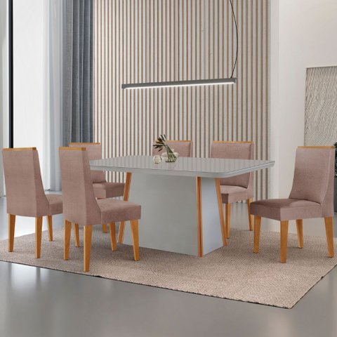 Mesa de Jantar Diane 180cm Tampo Mdf Vidro com 6 Cadeiras Lisboa Moderna Mobília