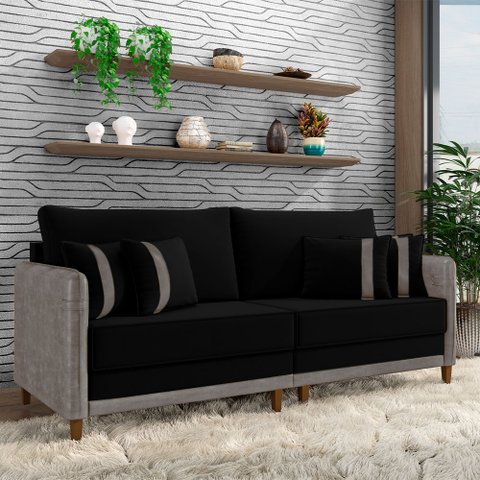 Sofá Montecarlo 3 Lugares 232cm Veludo/pu Preto/cinza