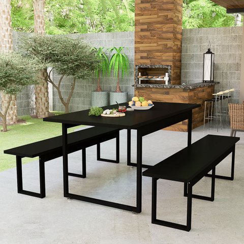 Conjunto Mesa com 2 Bancos Base de Ferro Estilo Industrial Área Lazer:preto
