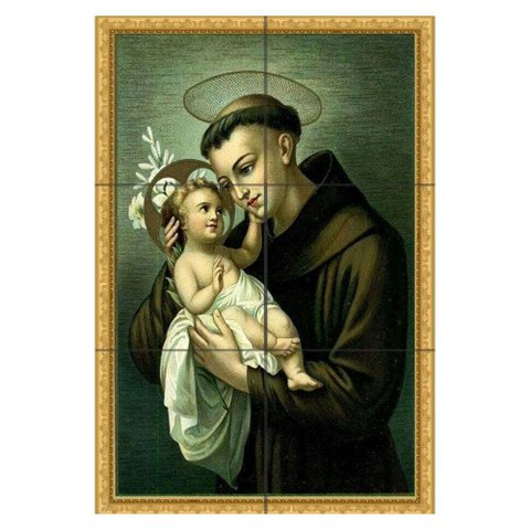 Quadro Santo Antônio com Menino Jesus e Lírios Brancos 60x40 em Azulejos