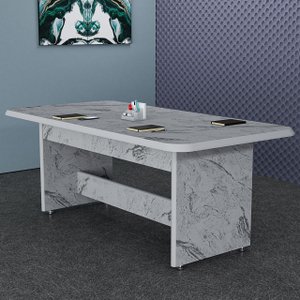 Mesa de Reunião Retangular 160cm Mármorizado Escritório 6 Lugares:branco/mármore