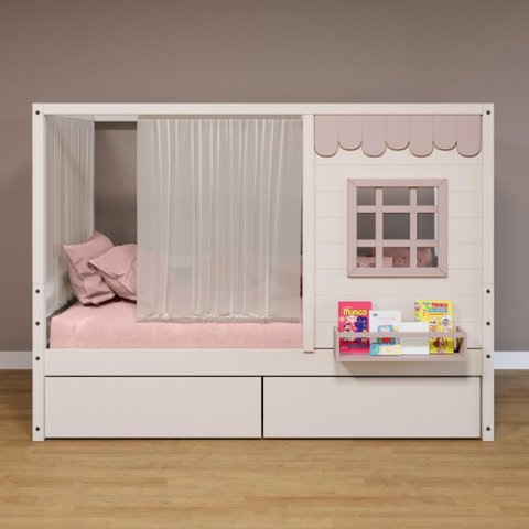 Cama Casinha Reta com 02 Gavetas e Cortina Madeira Maciça Branco/ Rosa Housin