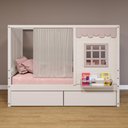 Ver imagem 1 de Cama Casinha Reta com 02 Gavetas e Cortina Madeira Maciça Branco/ Rosa Housin
