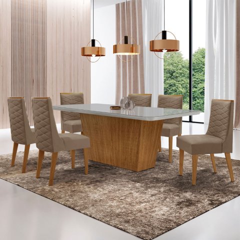 Mesa para Sala de Jantar Aida 180cm Mdf Canto Copo com Vidro e 6 Cadeiras Safira