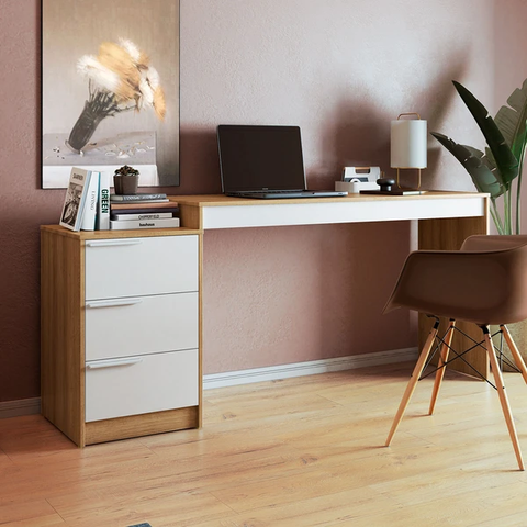 Mesa para Escritório 3 Gavetas Lâmina Mel/Branco - BRV Móveis