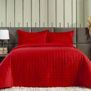 Kit Colcha Cobre Leito Casal Padrão 3 Peças Cama 300 Fios Porta Travesseiro Várias Cores Vermelho