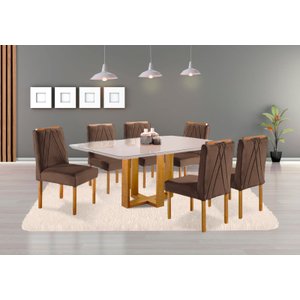Conjunto Sala de Jantar Madrid 6 Lugares Mesa e Cadeiras Madeira Maciça Veludo Marrom