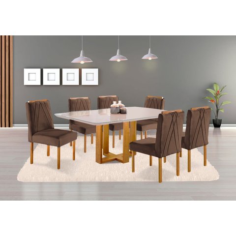 Conjunto Sala de Jantar Madrid 6 Lugares Mesa e Cadeiras Madeira Maciça Veludo Marrom