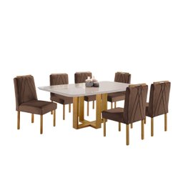 Conjunto Sala de Jantar Madrid 6 Lugares Mesa e Cadeiras Madeira Maciça Veludo Marrom - 2