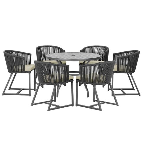 Mesa com 6 Cadeiras de Jantar Roma 120cm e Noronha em Alumínio Preto Corda Náutica Estofado 7 Trama