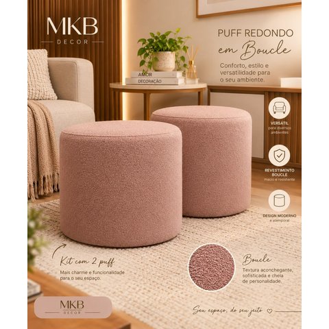 Kit com 2 Puff Redondo Decorativo Boucle Rosa