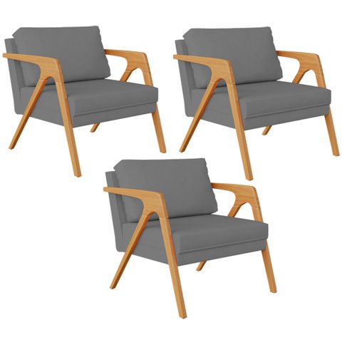 Kit 3 Poltronas Decorativa para Sala Estar Pietra Estrutura de Madeira L02 Suede Cinza - Lyam