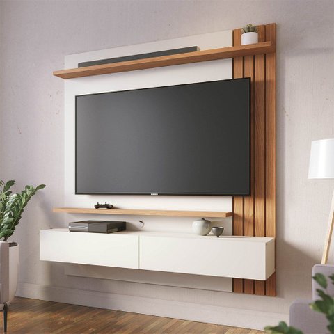 Painel Home Suspenso para TV 65 Pol. 150cm Buriti C05 Off White Matte/Freijó - Mpozenato