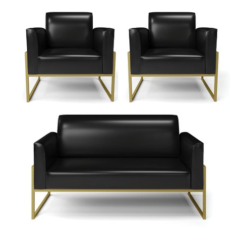 Sofá Namoradeira com 2 Poltronas Base Industrial Alta Dourado Marisa Corano Preto D03 - D’Rossi